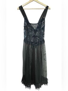 Jill Andrea VTG Lingerie Coverup Sheer Lace Pearl Bows M/L Black Feminine Dainty